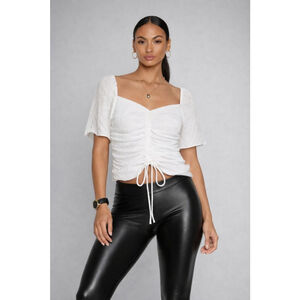 WAYF Ruched White Crop Top Puff Sleeve Tie Front Blouse Size M NWOT